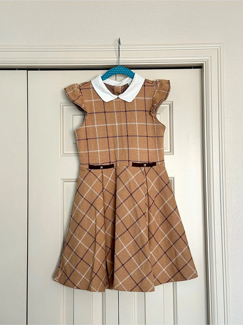 Janie and Jack Girls Plaid Ruffle Dress Size 7 Tan Brown
